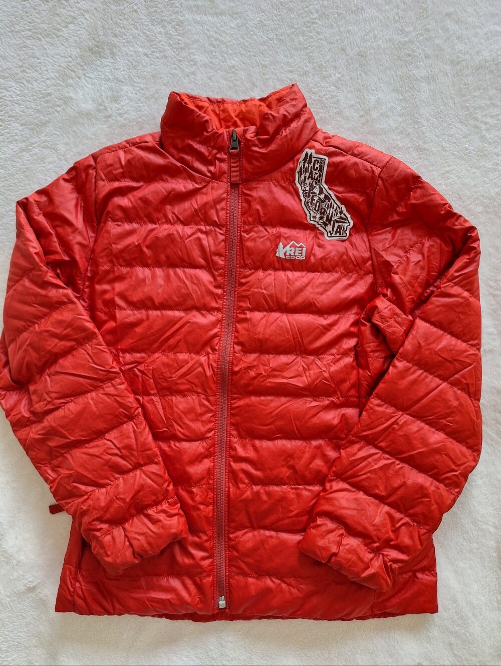 REI Co-op Kids M 10-12 Down Puffer Jacket Red California Patch Outwear Warm